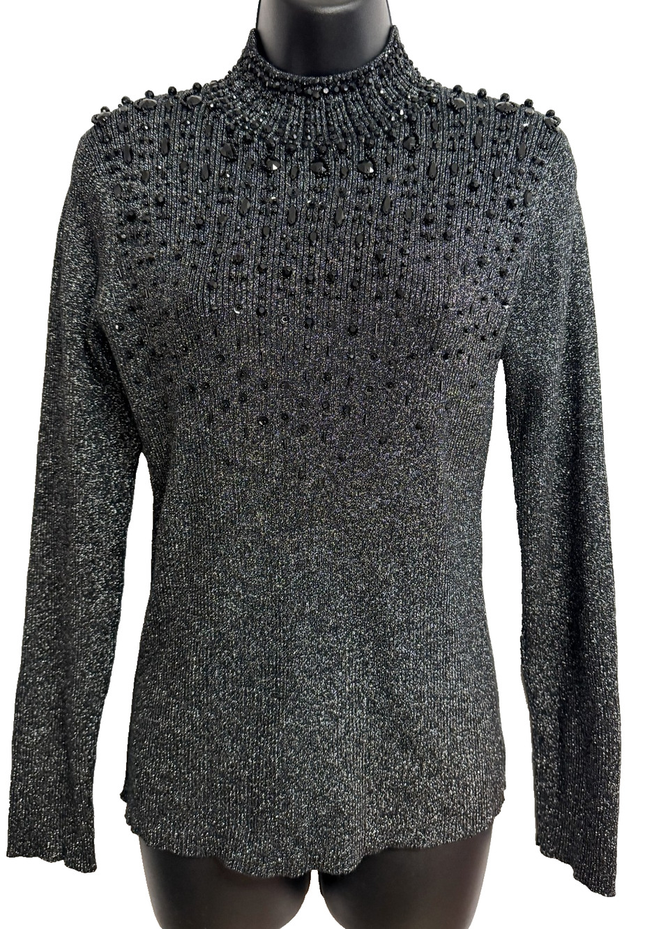 Lauren Michelle Sweater Womens Large L Black Silver Beaded Mock Neck Party Top